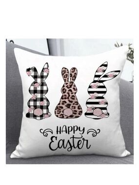 Seasonal Pillow Cover Easter Bunny Rabbit Zip Closure 17.7 In Square Black White